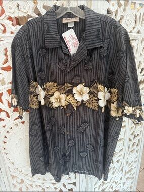 Blue Hawaii Black Floral White Hibiscus Hawaiian Shirt Made in USA